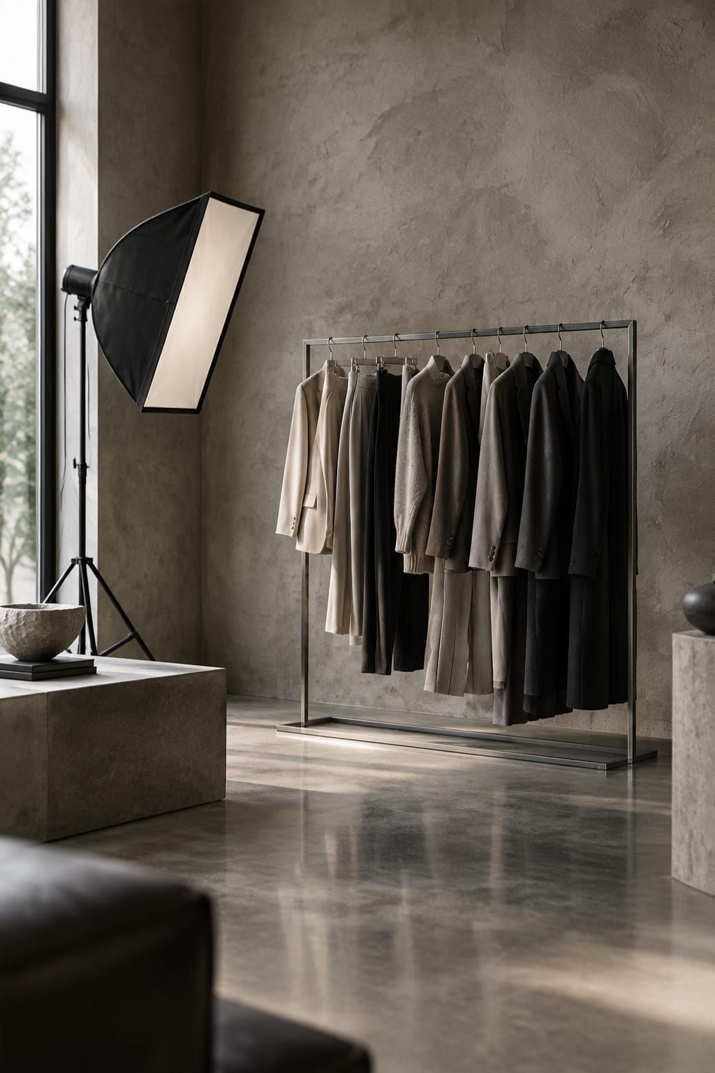 A fashion studio with a rail of tailored garments, a softbox light and a concrete floor
